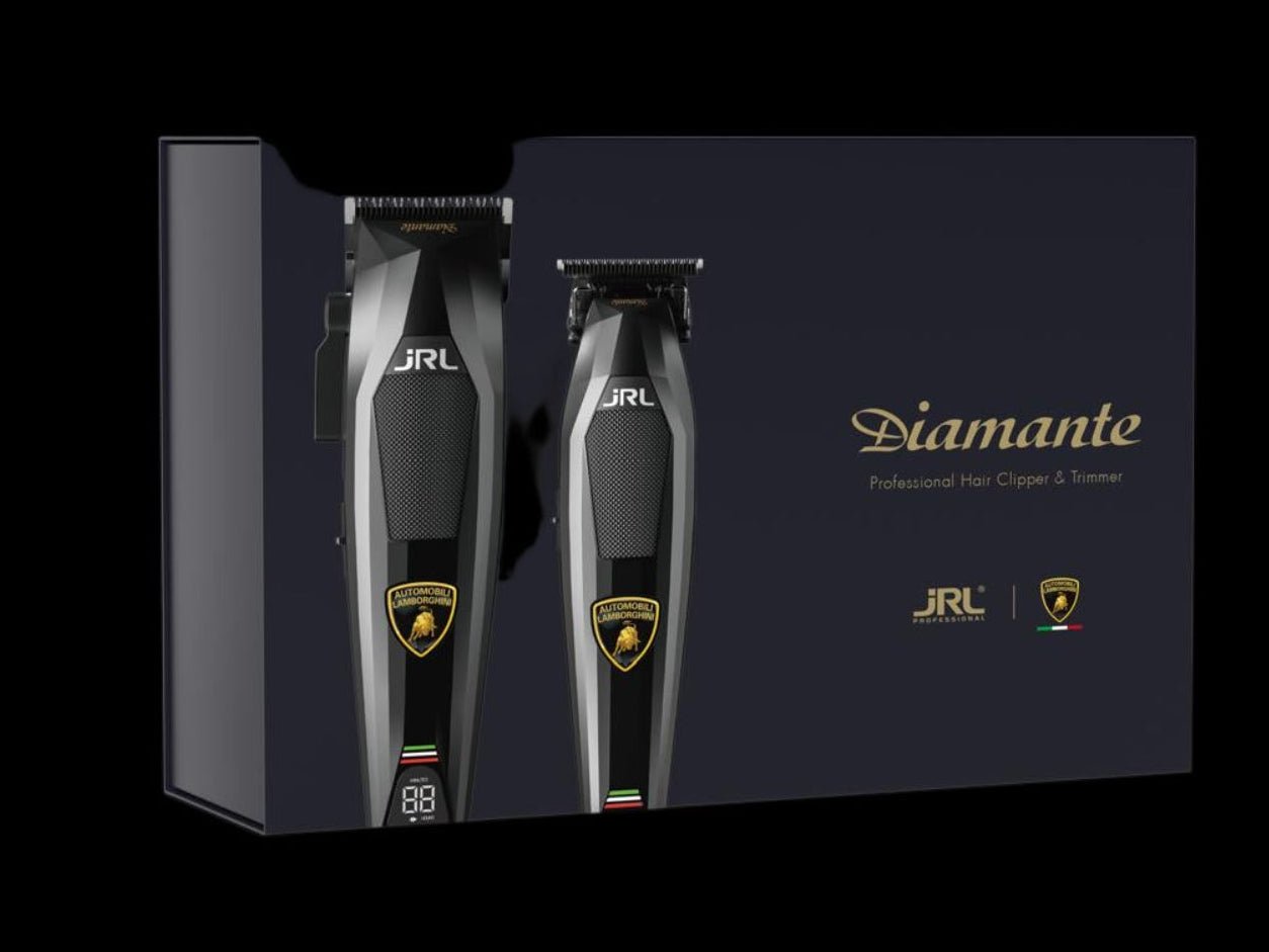 JRL Diamante hair trimmer set packaging on a black background