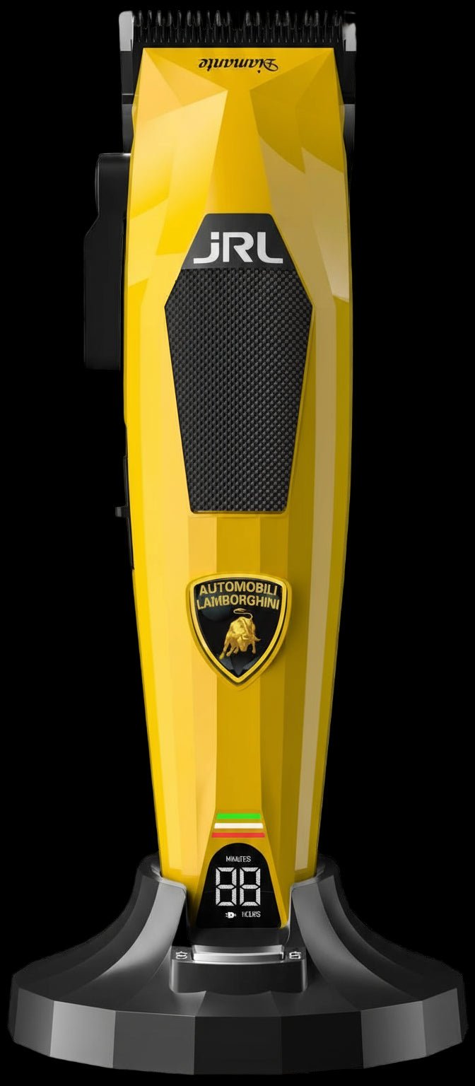 Yellow hair trimmer with Lamborghini logo on a black background