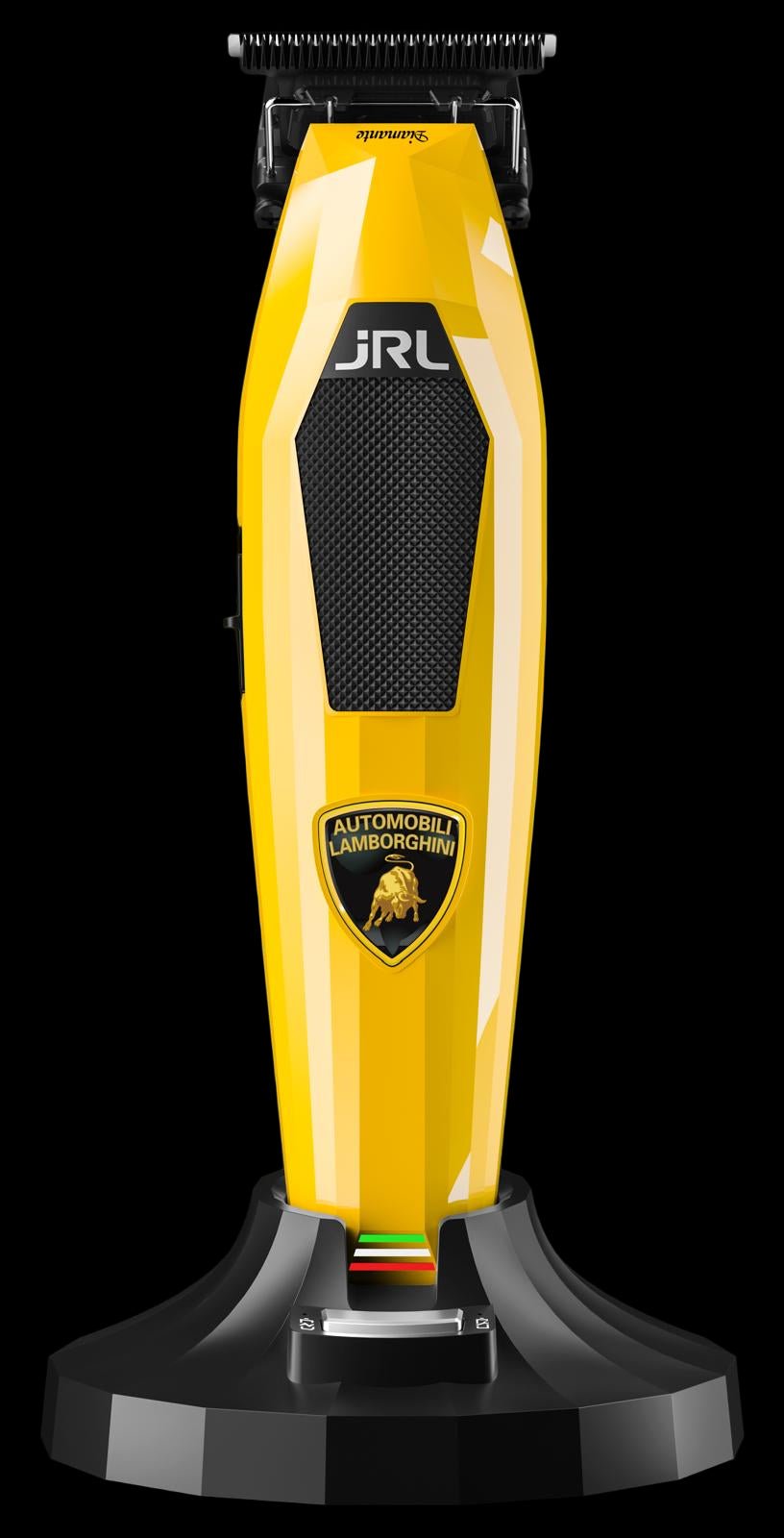 Yellow hair trimmer with Lamborghini logo on a black background