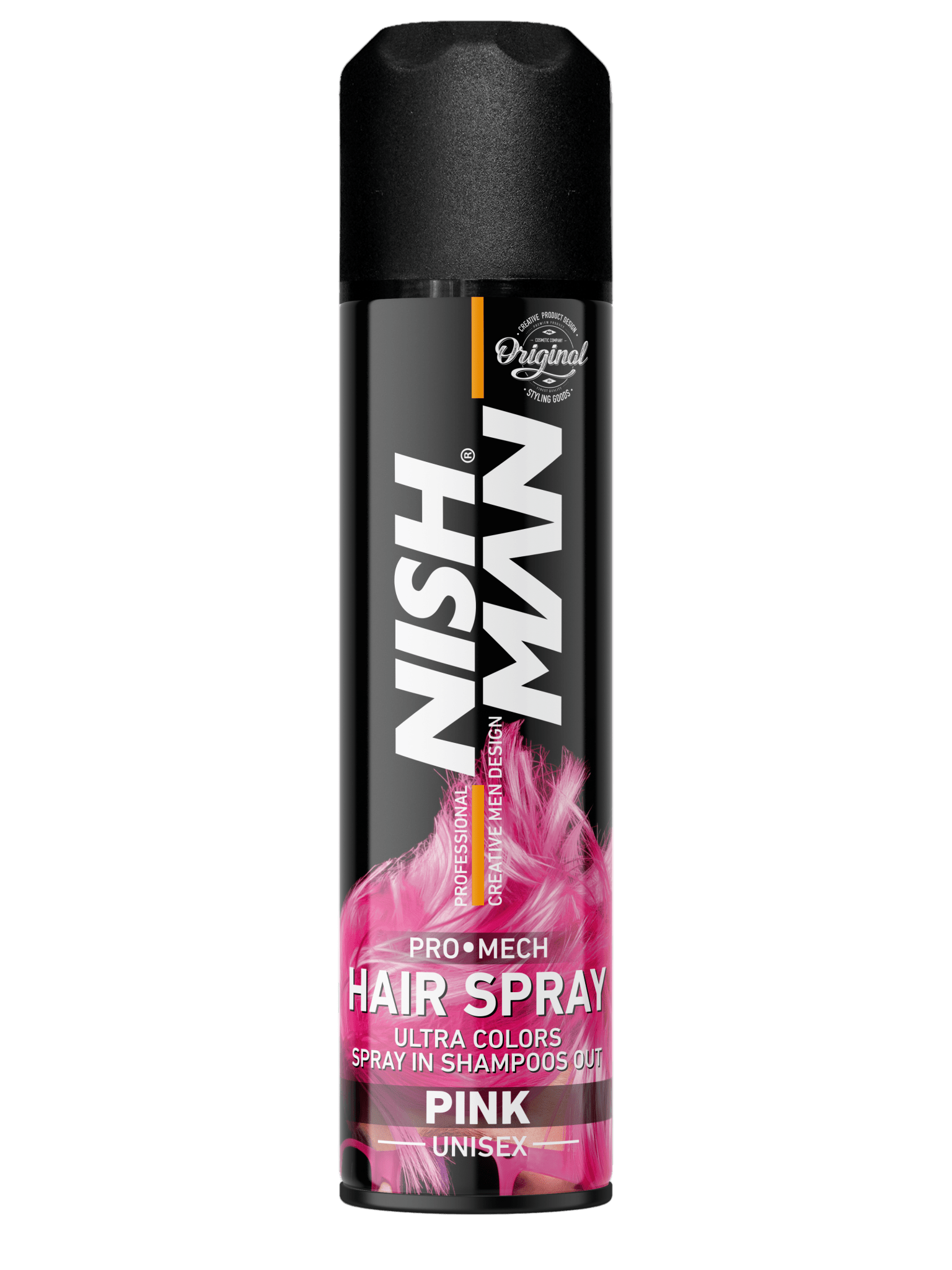 Nish Man hair spray can with pink label on a white background