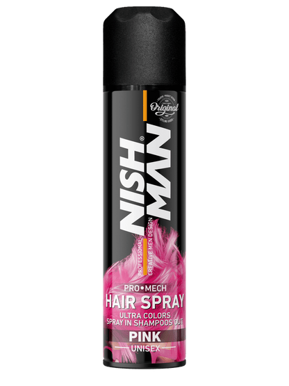 Nish Man hair spray can with pink label on a white background