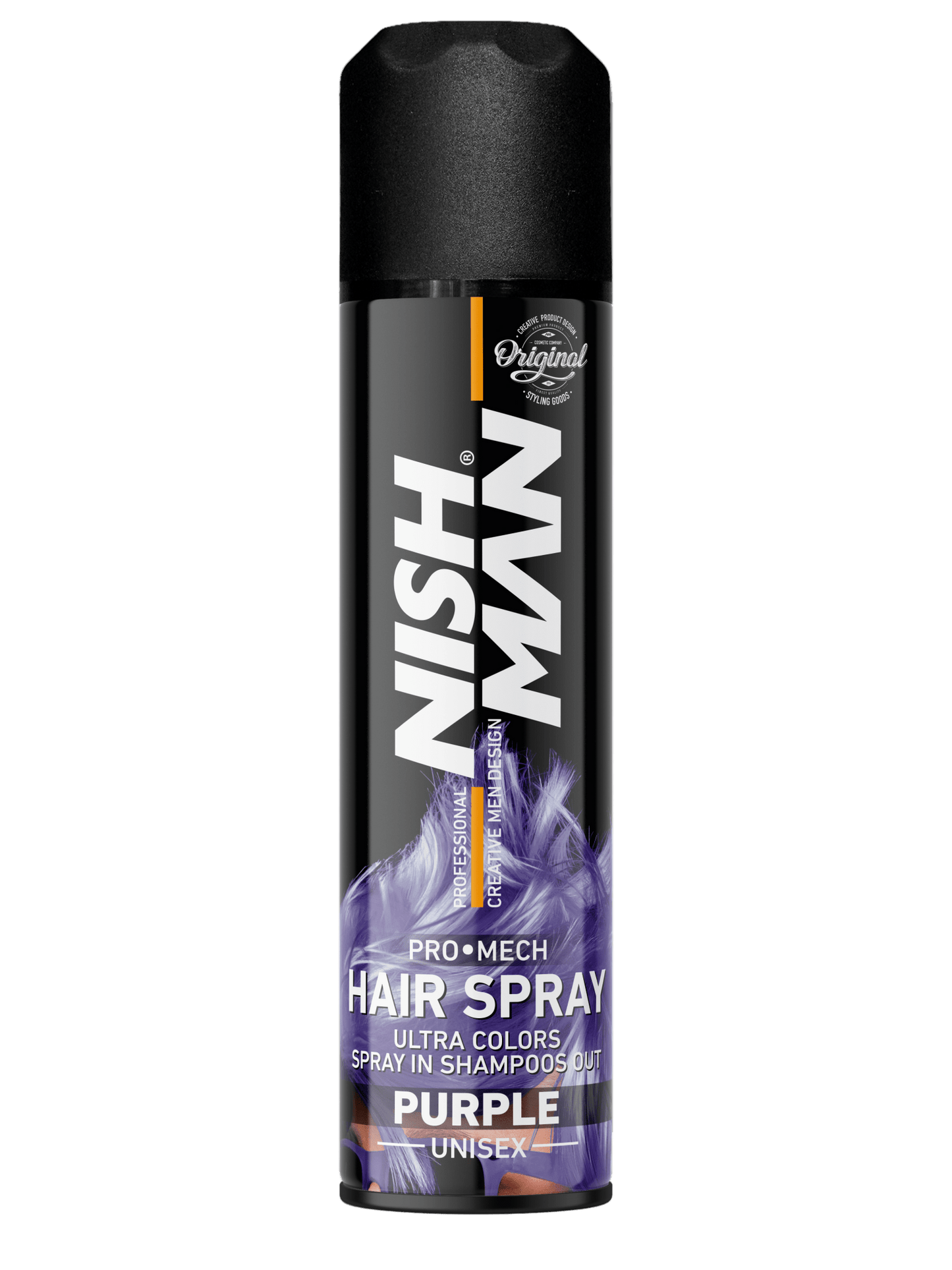 Nish Man purple hair spray can on a white background