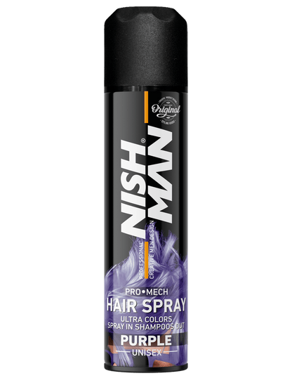 Nish Man purple hair spray can on a white background