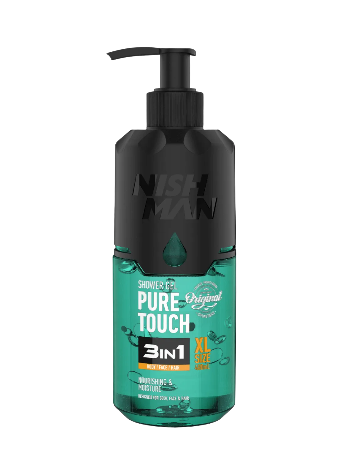 Nishman Pure Touch shower gel bottle on a black background