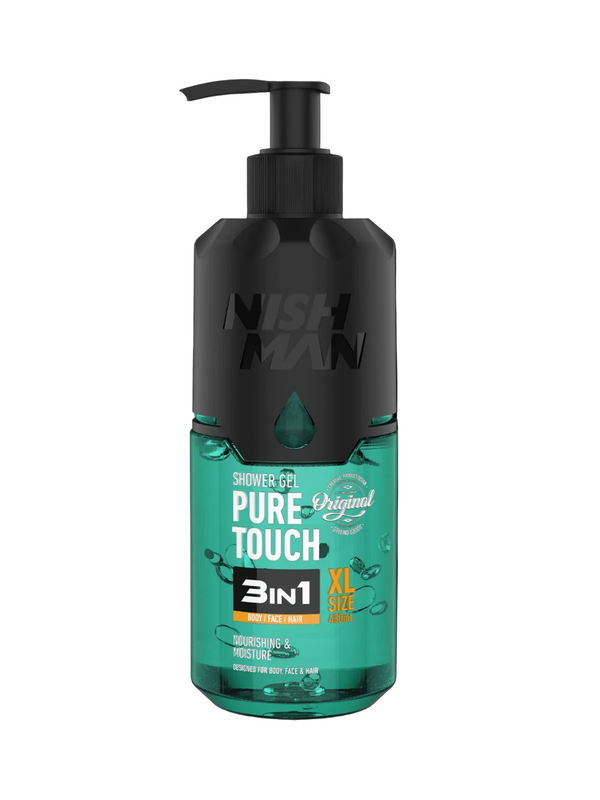 Nishman Pure Touch shower gel bottle on a black background