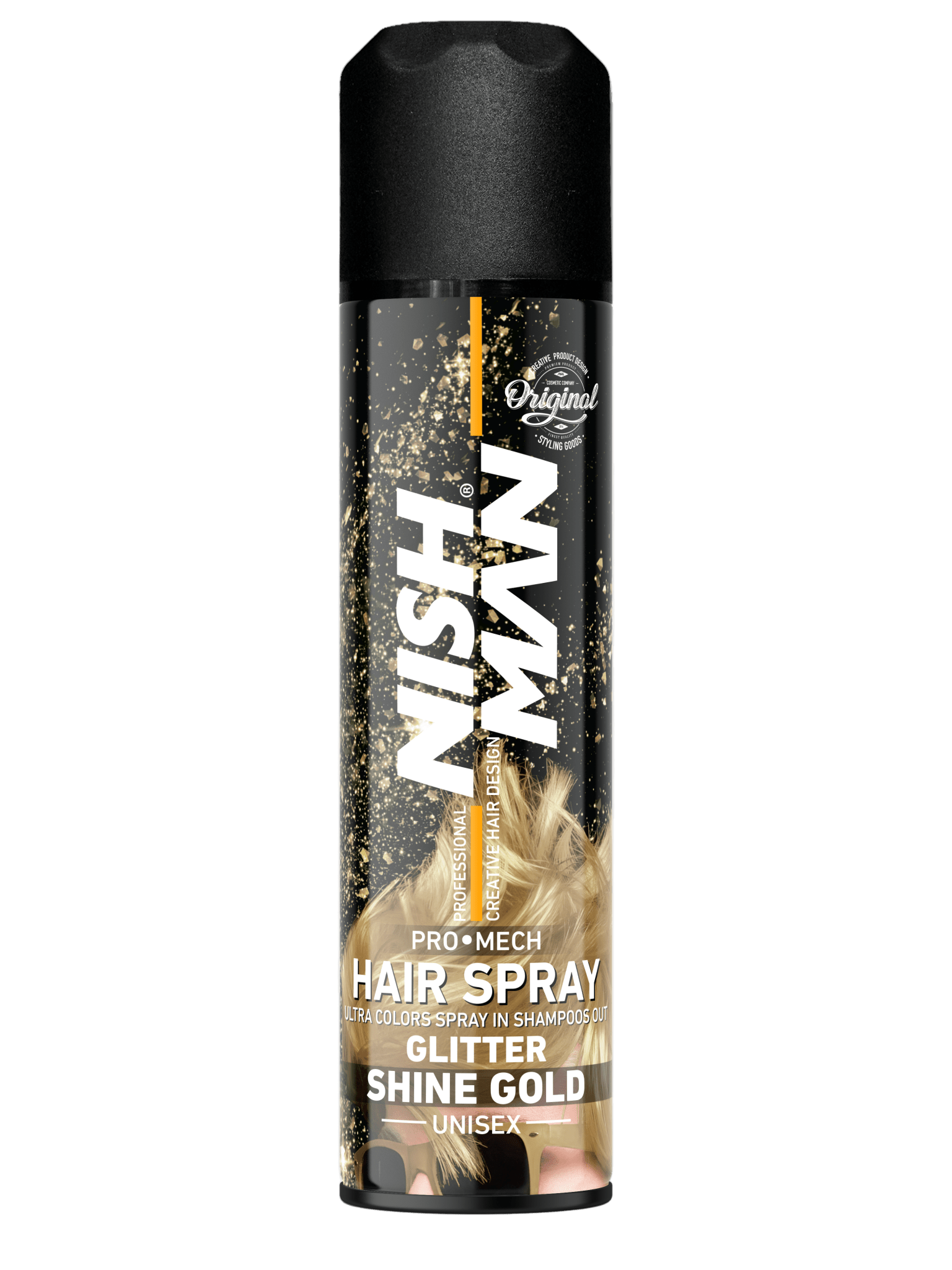 Nish Man hair spray can with black and gold design on a white background