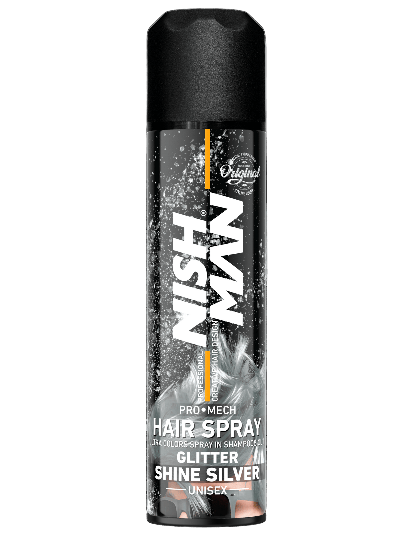 Nish Man hair spray can on a white background
