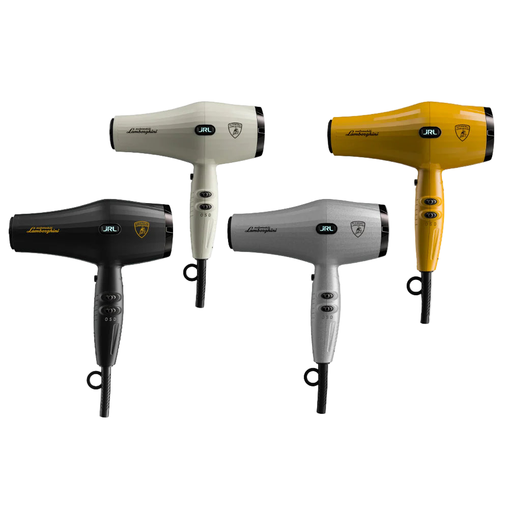 Four hair dryers in black, white, silver, and yellow on a white background