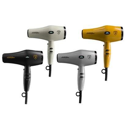 Four hair dryers in black, white, silver, and yellow on a white background
