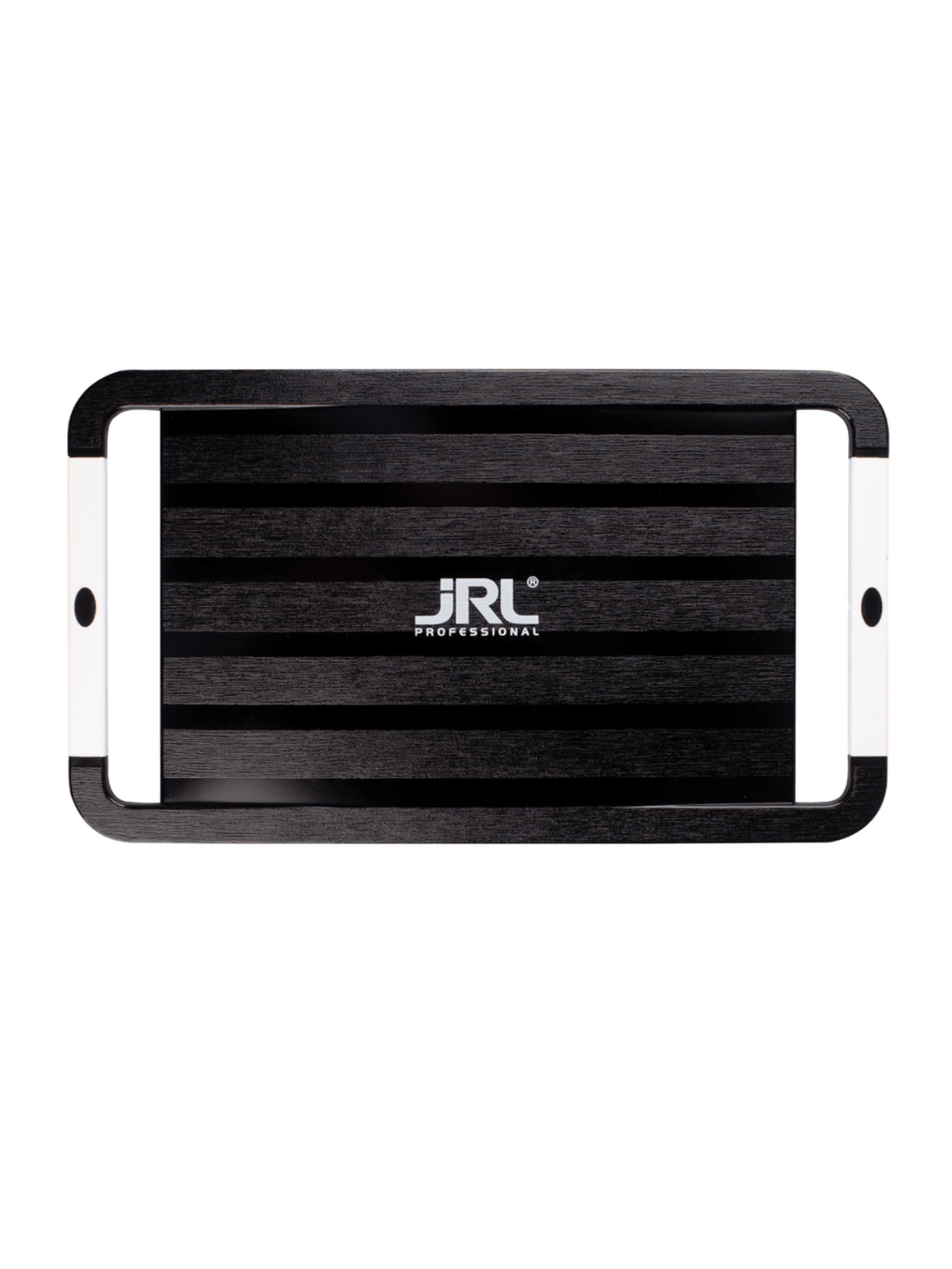 JRL Vista black handheld salon mirror, rear view with two handles and white logo
