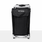 ARTERO CHAIR TROLLEY A569 front view with black fabric covering, genuine ARTERO logo, silver aluminium frame and two feet on a white and light-grey background