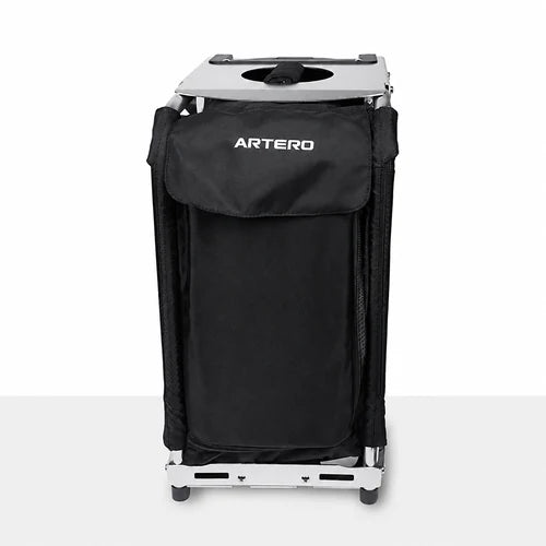 ARTERO CHAIR TROLLEY A569 front view with black fabric covering, genuine ARTERO logo, silver aluminium frame and two feet on a white and light-grey background