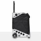 ARTERO CHAIR TROLLEY A569 side view with black fabric, aluminium frame cutouts, wheel, foot, zipped pocket and extended telescopic handle on a white and light-grey background