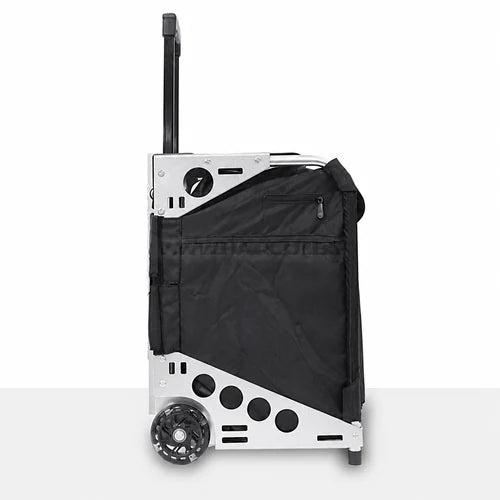 ARTERO CHAIR TROLLEY A569 side view with black fabric, aluminium frame cutouts, wheel, foot, zipped pocket and extended telescopic handle on a white and light-grey background