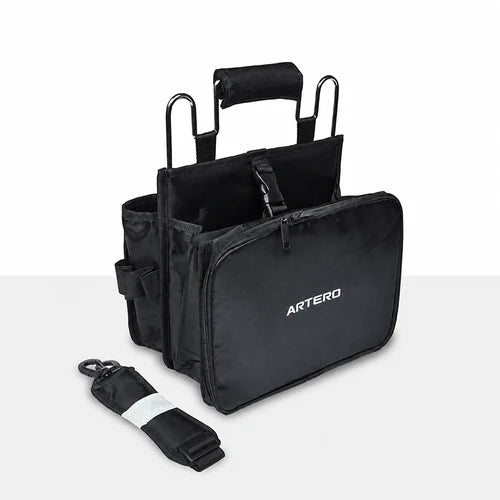 ARTERO MALETA A572 black open tool bag with upright carrying handles, front zipped compartment, ARTERO logo and included shoulder strap on a white and light-grey background