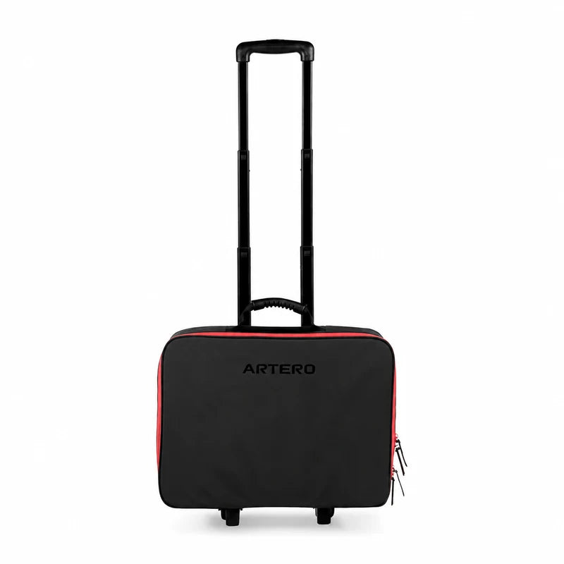 ARTERO PANDORA F241 black tool case with red trim, genuine ARTERO logo, zipped front, extended telescopic handle and support feet on a white background