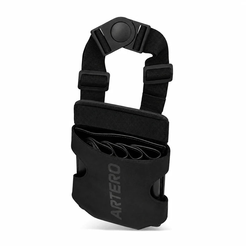 ARTERO HELIOS BLACK F242 black tool bag, front view with four narrow compartments, adjustable strap, buckle and ARTERO logo on a white background