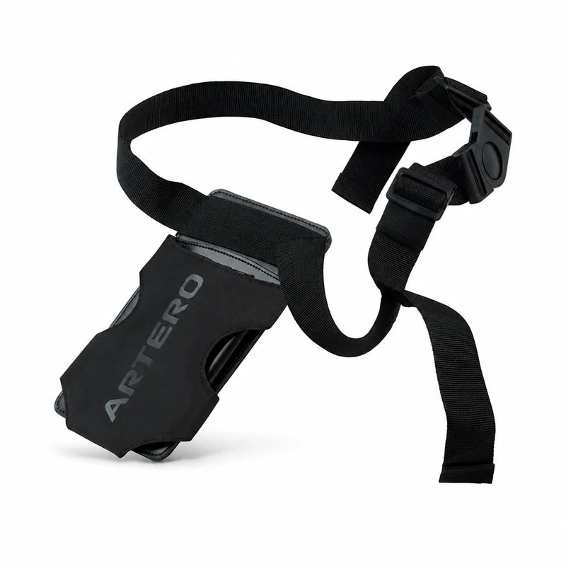 ARTERO HELIOS BLACK F242 black tool bag, side view showing the adjustable strap, buckle, compartment opening and ARTERO logo on a white background