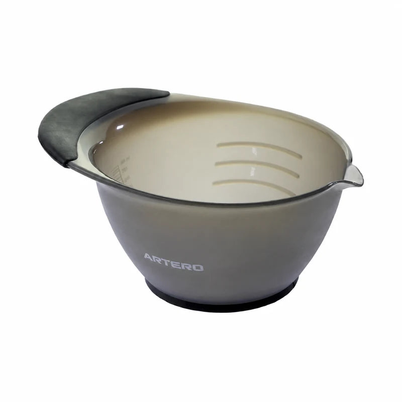 ARTERO K304 translucent grey hair colour mixing bowl with a black side grip, pouring spout, black base and ARTERO lettering on a white background