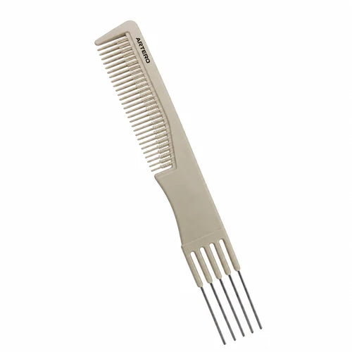 Beige ARTERO TEASING K314 190 mm POM hair comb with fine teeth, five long silver prongs and dark ARTERO lettering, on a white background
