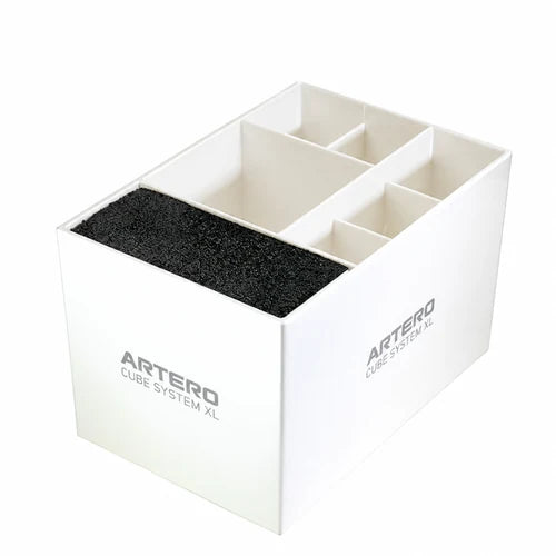 Empty white ARTERO CUBE SYSTEM XL K343-W tool organiser with internal dividers, a black front insert and genuine grey ARTERO logos on both visible sides