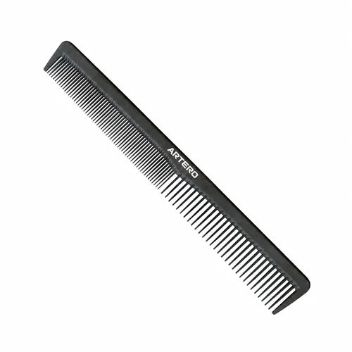 Black ARTERO CARBON K568 179 mm hair comb with two densities of rounded teeth and white ARTERO lettering, photographed diagonally on a white background