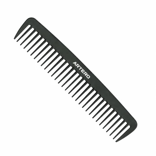 Black ARTERO CARBON K569 184 mm hair comb with coarse rounded teeth and white ARTERO lettering, photographed alone diagonally on a white background