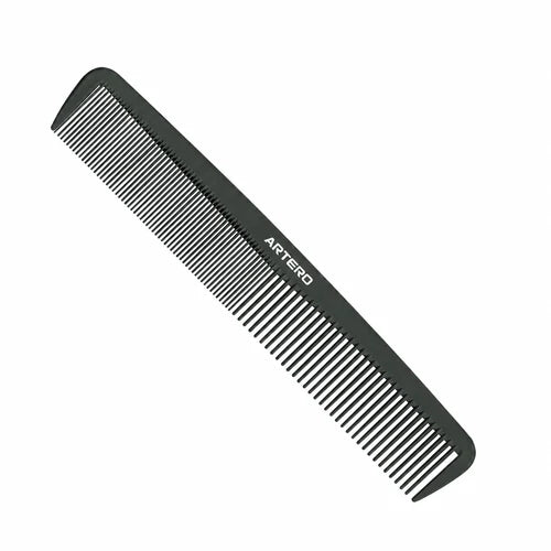 Black ARTERO CARBON K623 189 mm hair comb with two densities of rounded teeth and white ARTERO lettering, photographed diagonally on a white background