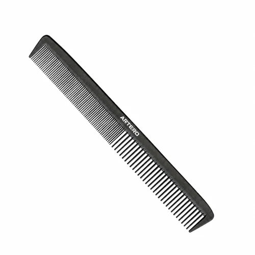 Black ARTERO CARBON K624 219 mm hair comb with two densities of rounded teeth and white ARTERO lettering, photographed alone diagonally on a white background