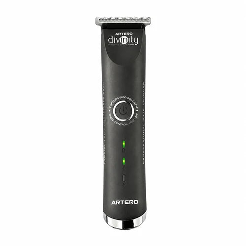 Black ARTERO DIVINITY M643 hair trimmer with silver T blade, circular power control and two green indicator lights