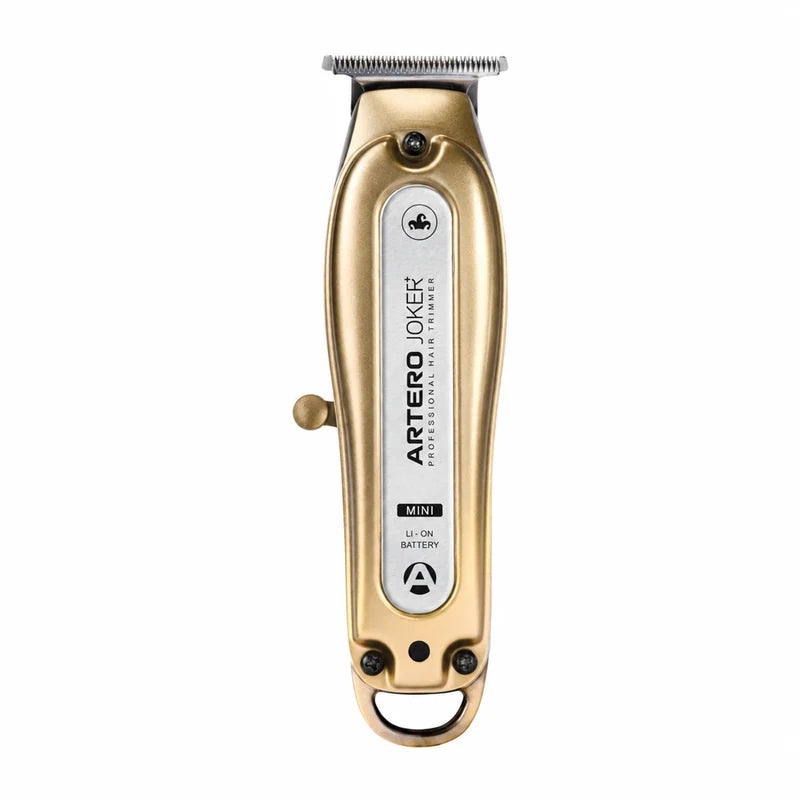 Gold-finish ARTERO JOKER MINI+ M655 trimmer with silver T blade, side switch and hanging loop