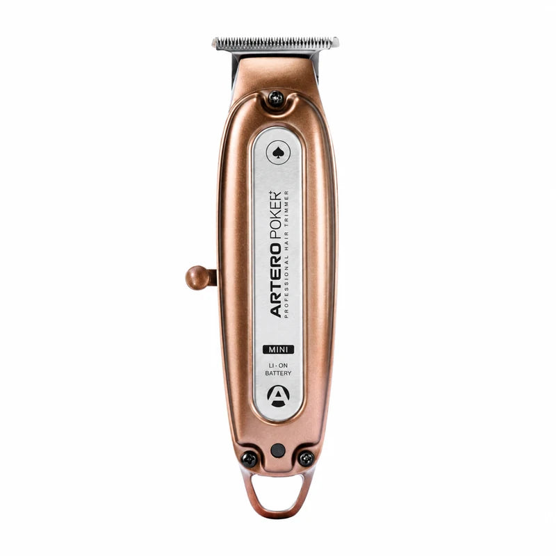 Copper-finish ARTERO POKER MINI+ M657 trimmer with silver T-blade, side switch and hanging loop