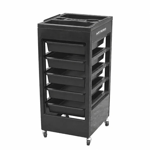 ARTERO SOGO Y224 black salon trolley with five drawers, a divided multifunctional top, side rails, visible wheels and the genuine white ARTERO logo