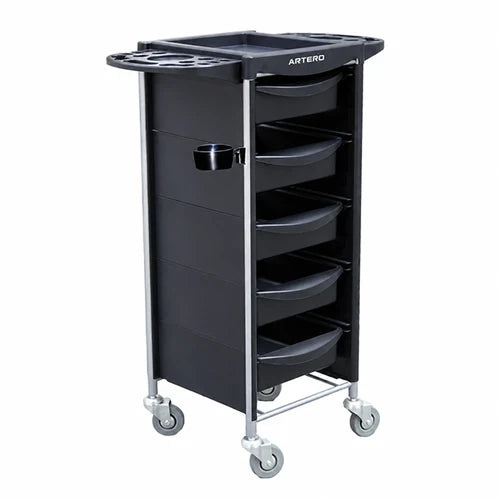 Empty black ARTERO NUBA Y225 salon trolley with five drawers, side worktop trays, a hairdryer holder, silver vertical rails and four caster wheels
