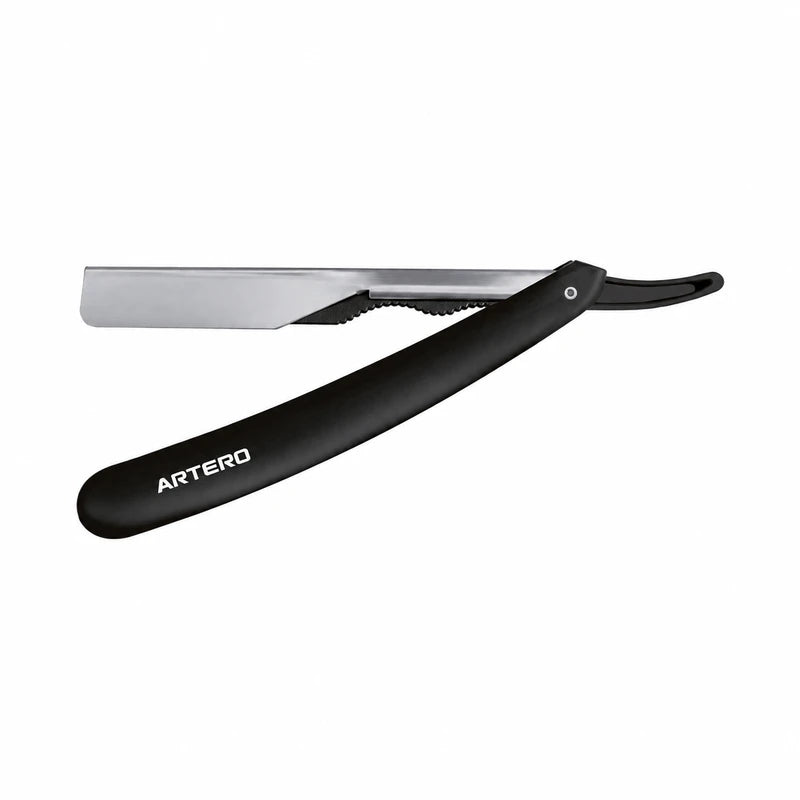 ARTERO N349 folding barber razor with black plastic handle and stainless-steel arm