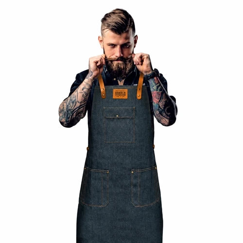 Artero W385 denim barber apron with leather straps and three pockets