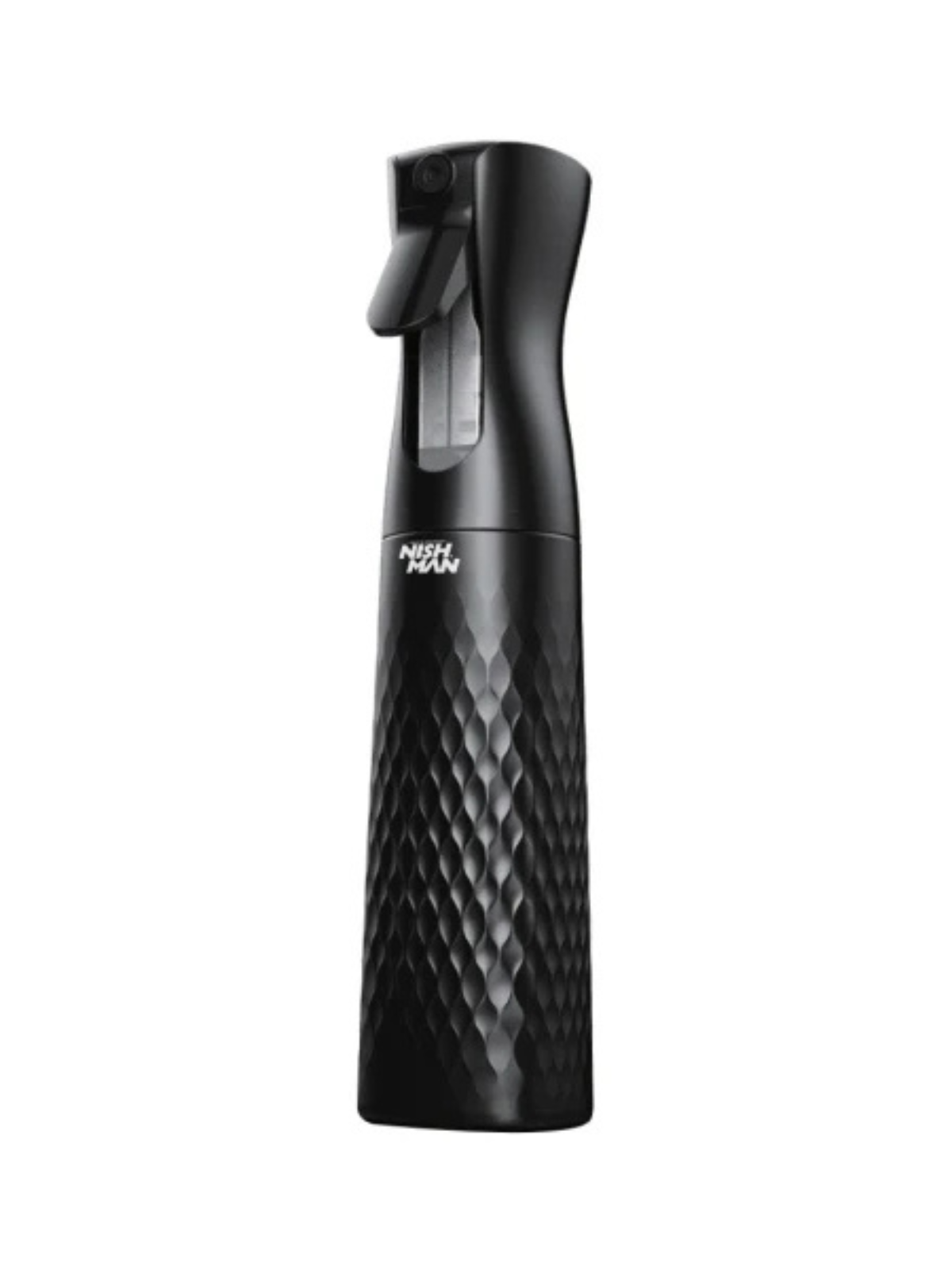 Black spray bottle with textured design on a white background