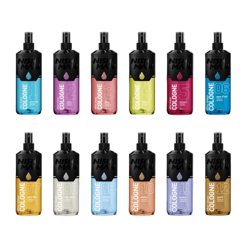 Collection of Nivea Men Cologne bottles in various colors on a white background