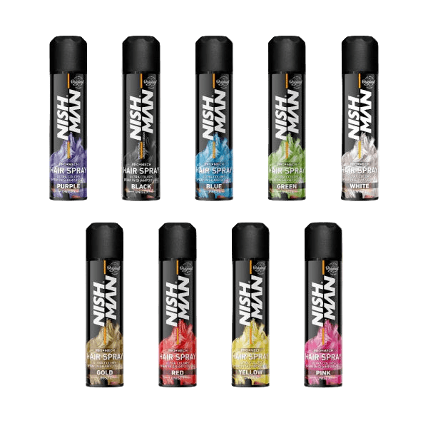 Nish Man hair spray cans in various colors on a white background
