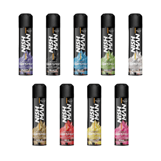 Nish Man hair spray cans in various colors on a white background