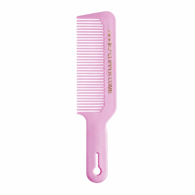 Pink ANDIS Clipper Comb with gold branding and hanging hole in the handle