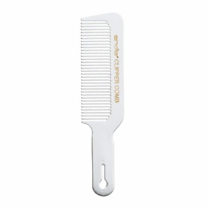 White ANDIS Clipper Comb with gold branding and hanging hole in the handle