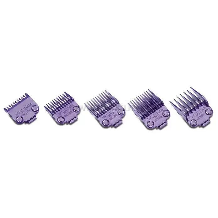 Five purple ANDIS Master Double Magnet clipper attachment combs arranged in a row