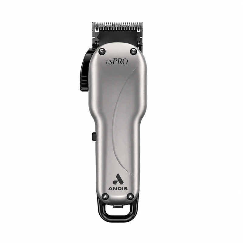ANDIS usPRO hair clipper with matte metallic body, black adjustment lever and stainless-steel blade