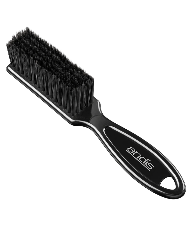 ANDIS black Fade Blade Brush with nylon bristles and curved handle bearing the andis logo