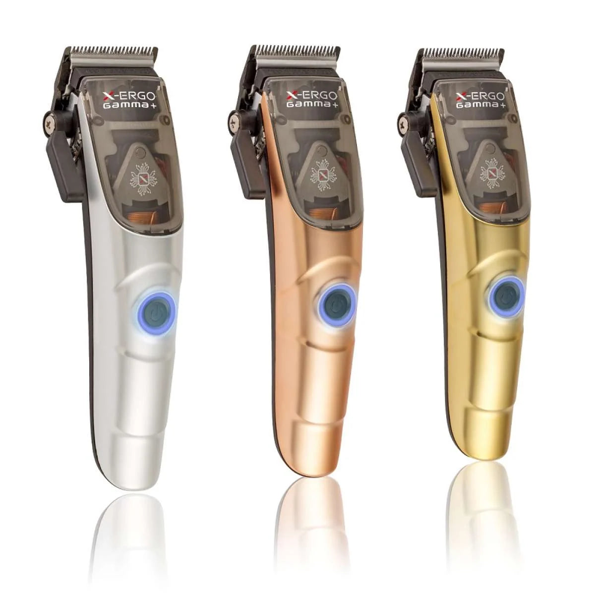GAMMA X-Ergo clipper shown with silver, rose-gold and gold interchangeable covers