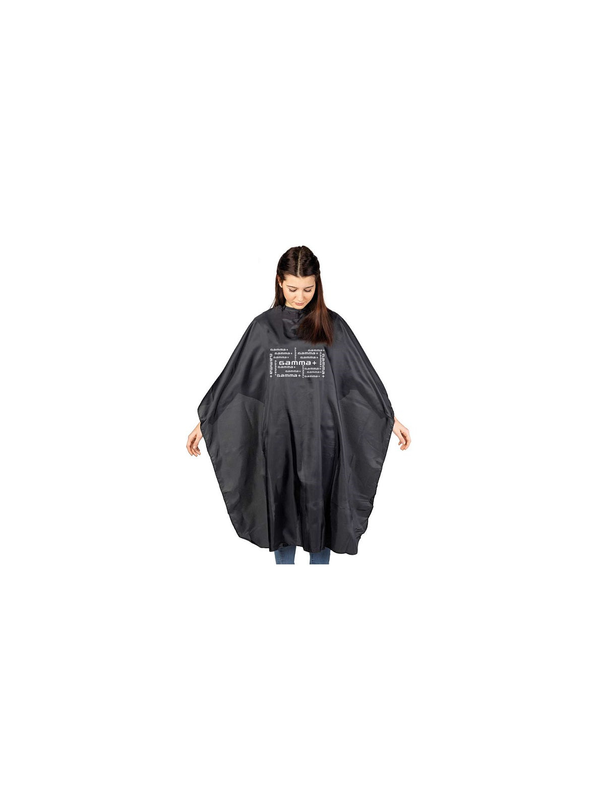 GAMMA+ Professional Barber Cape – Black with Logo Print