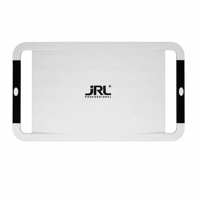 JRL Vista white handheld salon mirror, rear view with two black handles and black logo