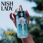 NISHLADY Magic Love 260 ml beden spreyi, hafif ve ferahlatıcı parfüm spreyi, şişe ve ürün detaylarıyla görünüm.