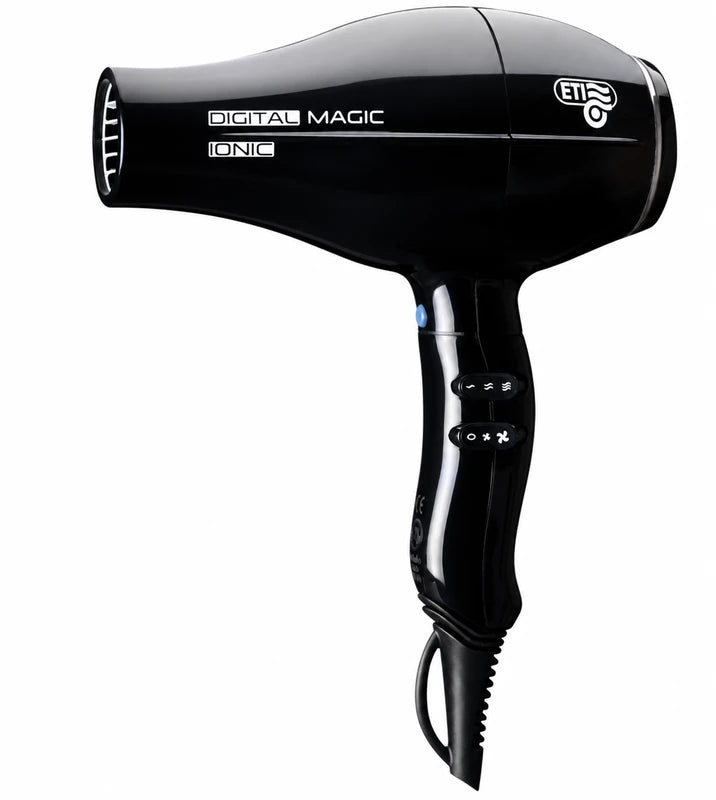 ETI Digital Magic Ionic Black professional hair dryer with visible manufacturer logo